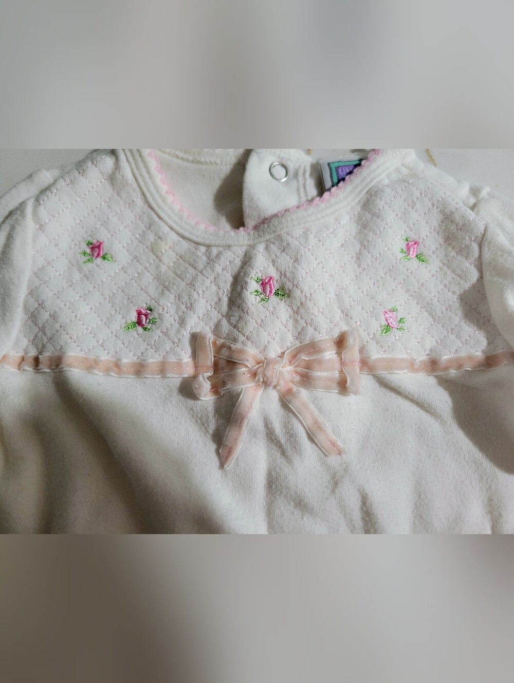 White Baby Onsie with Pink Rose Embroidery and Bow